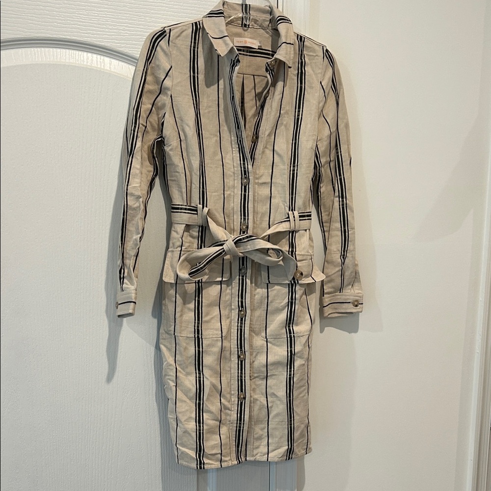 Tory Burch Beige and Black Striped Linen Shirtdress